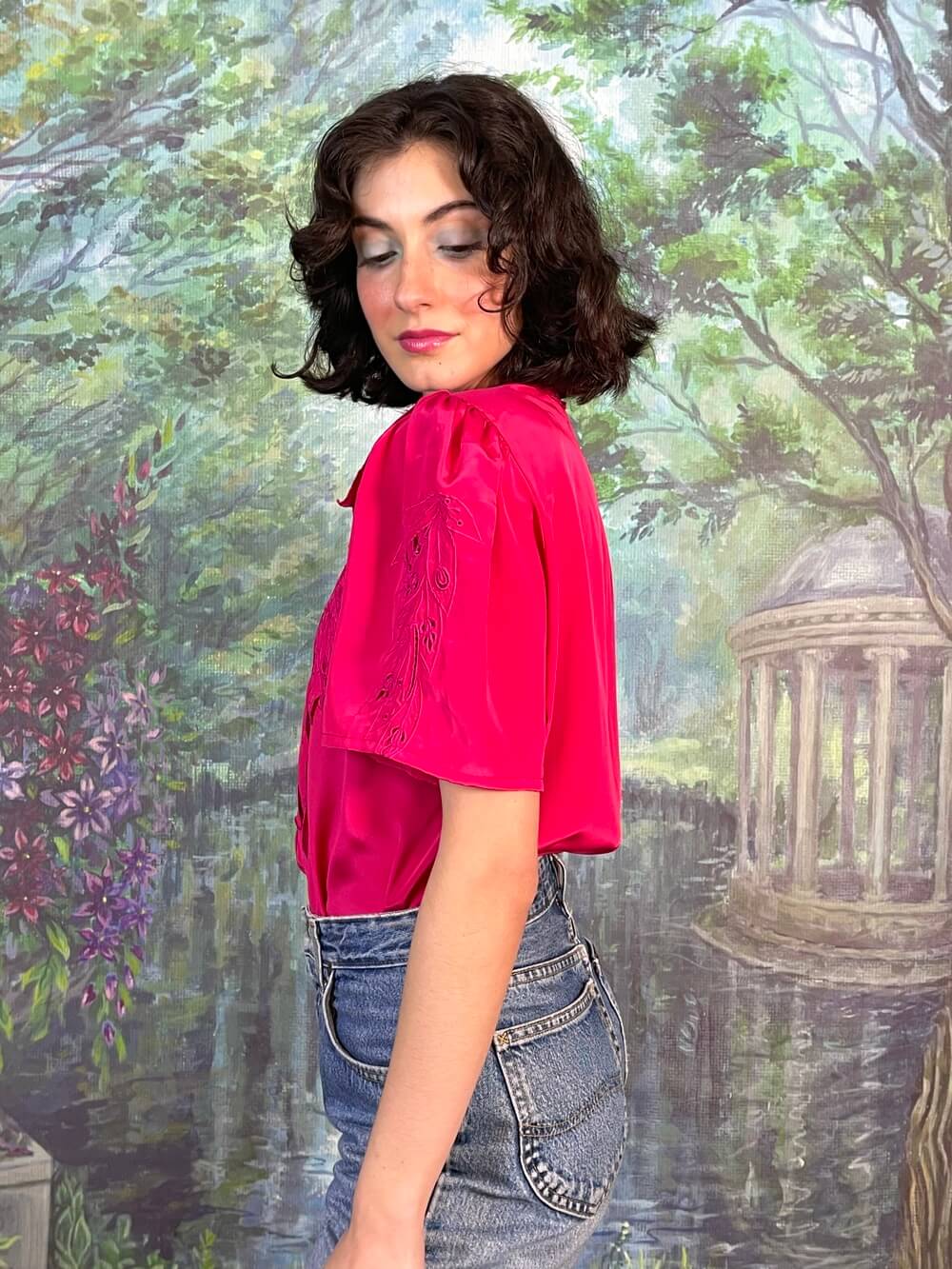 Vintage Fuchsia Embroidered Satin Blouse