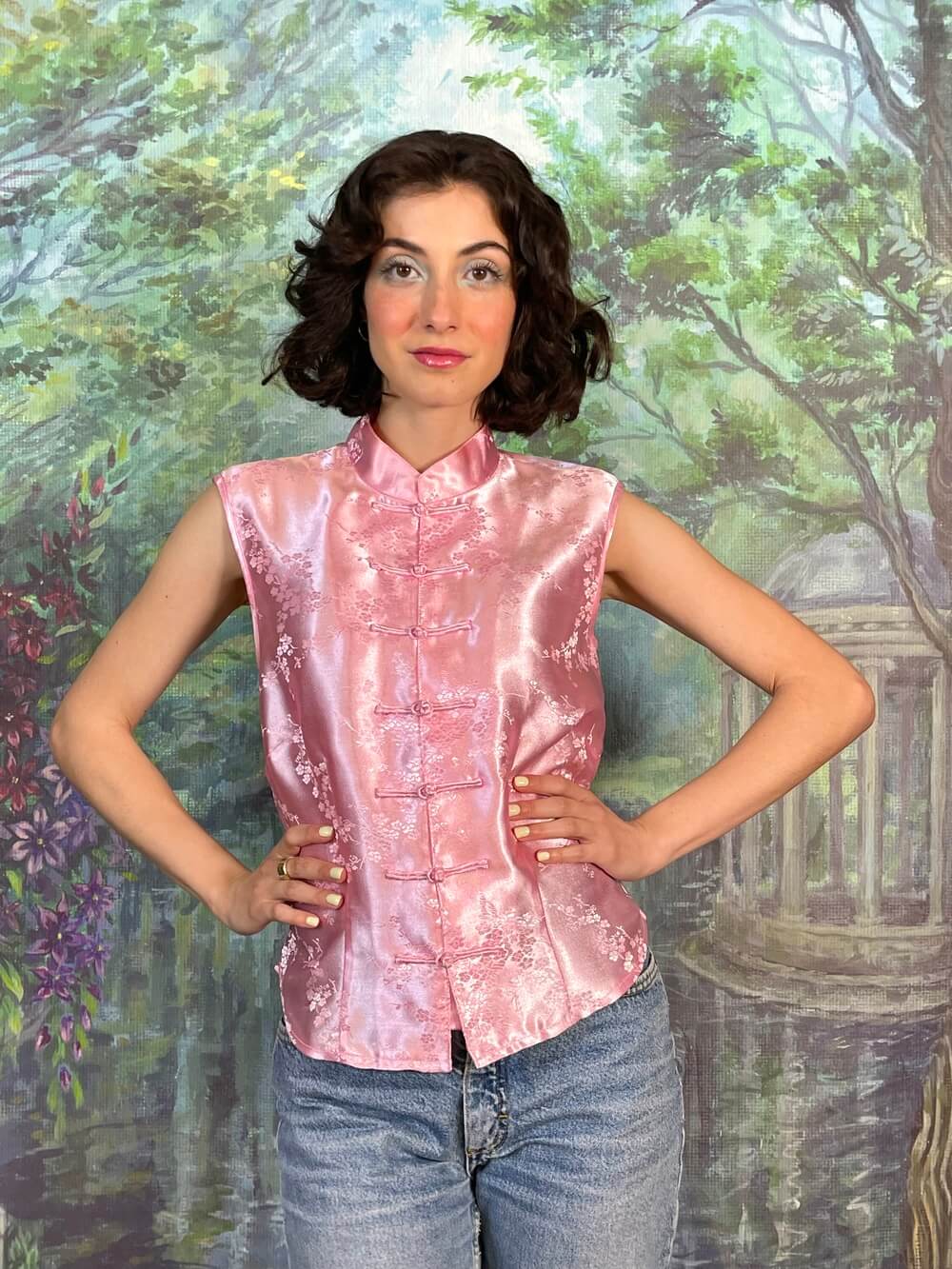 Vintage Pink Satin Mandarin Collar Top
