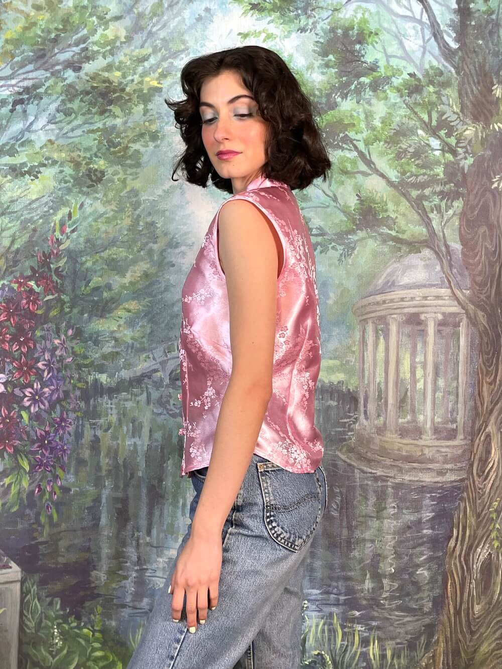 Vintage Pink Satin Mandarin Collar Top