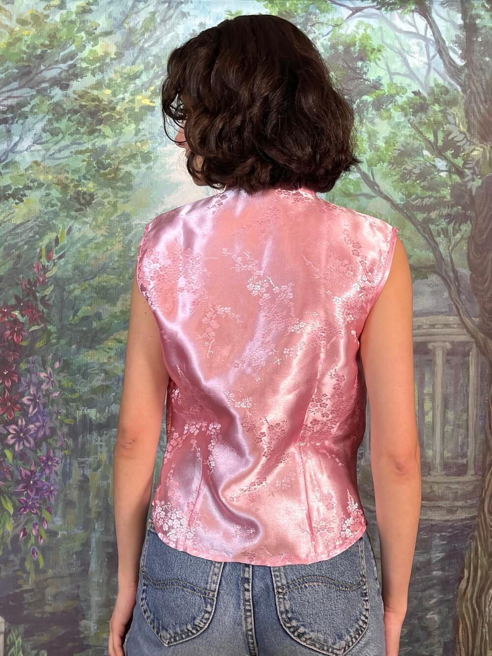 Vintage Pink Satin Mandarin Collar Top
