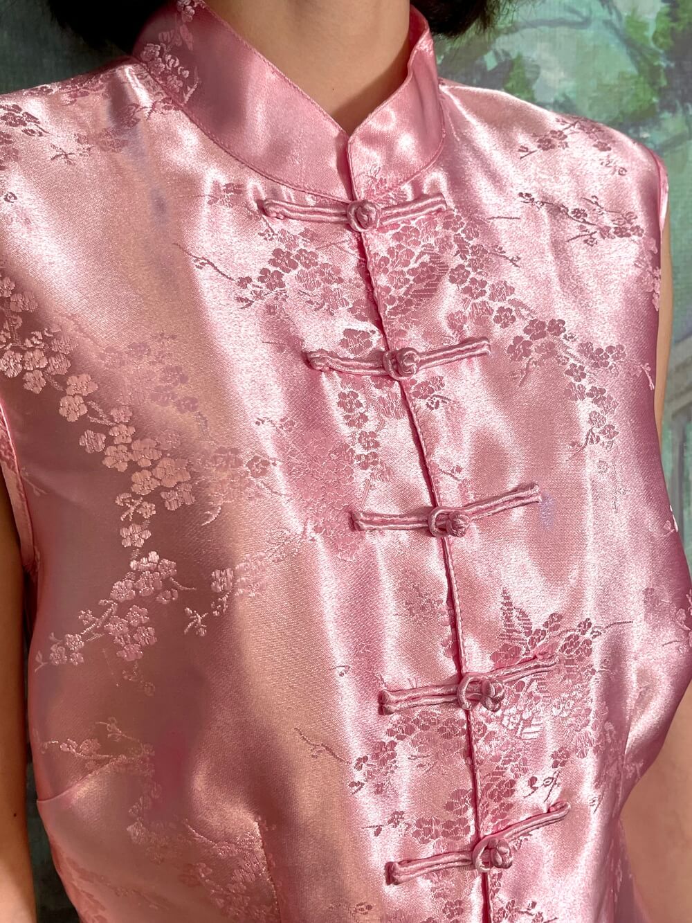 Vintage Pink Satin Mandarin Collar Top