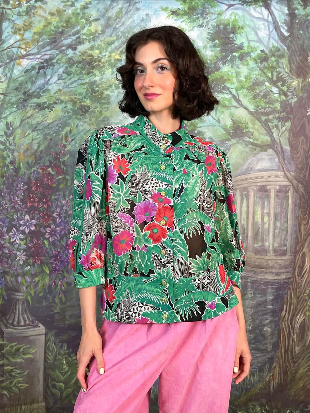 Vintage Tropical Floral Statement Blouse