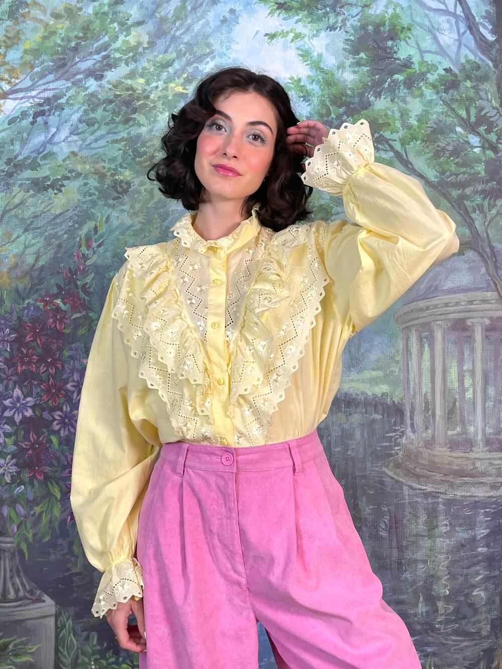 Vintage Yellow Ruffle Lace Blouse