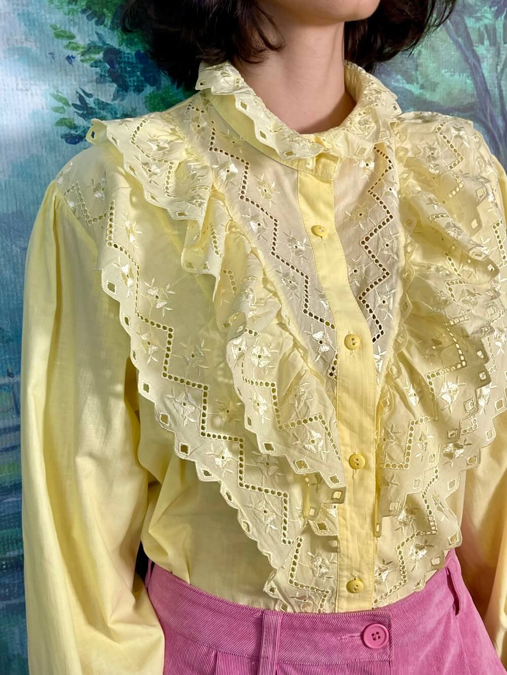 Vintage Yellow Ruffle Lace Blouse