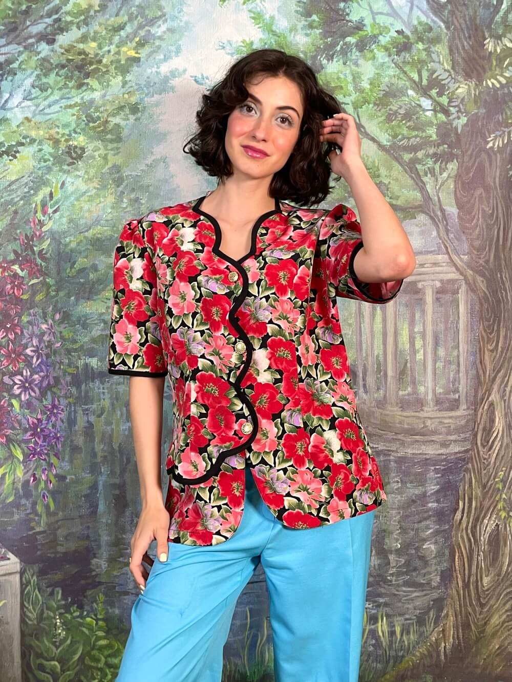 Vintage Poppies Button Front Blouse