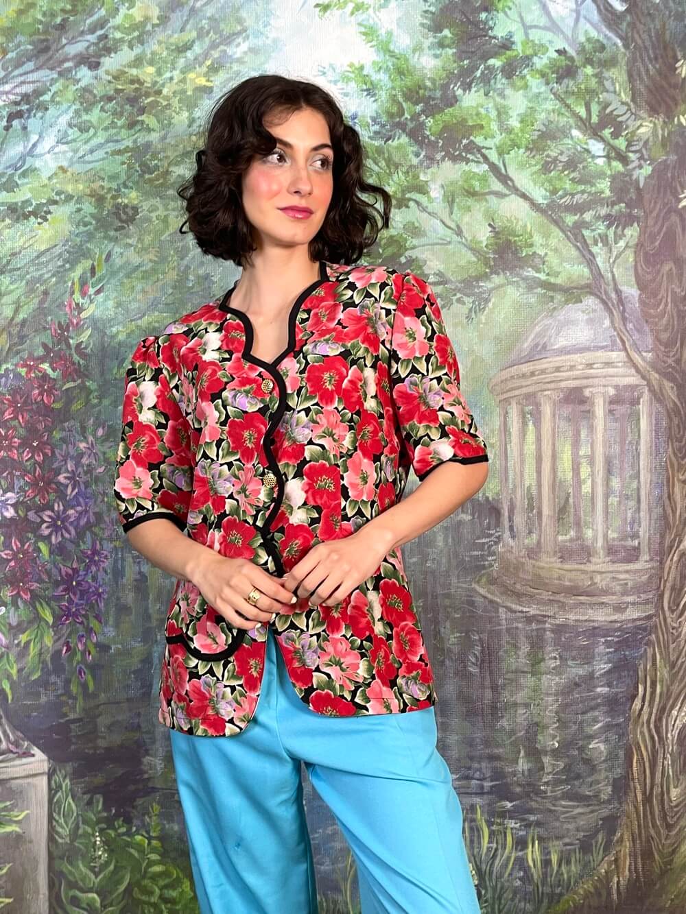 Vintage Poppies Button Front Blouse