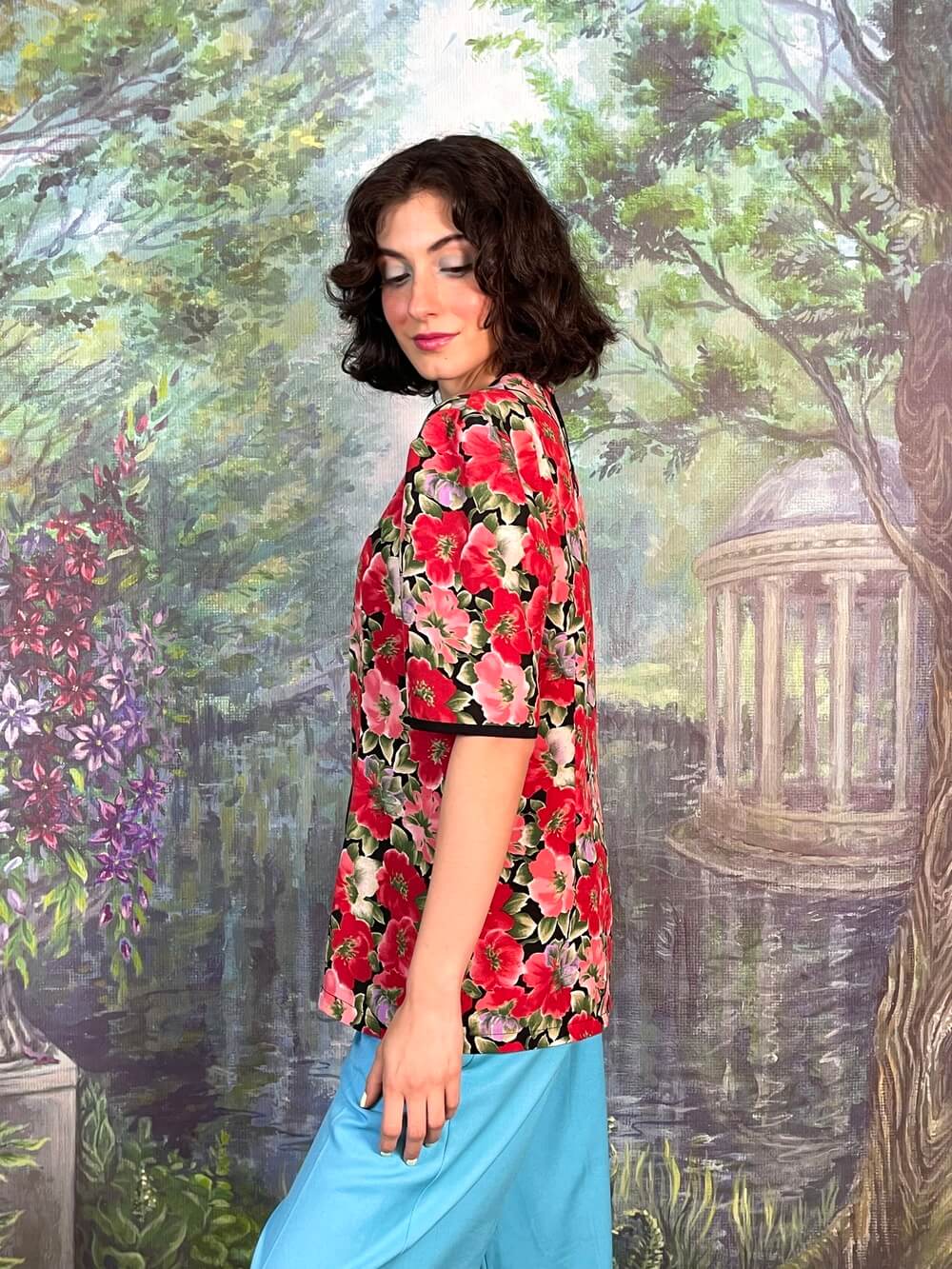 Vintage Poppies Button Front Blouse