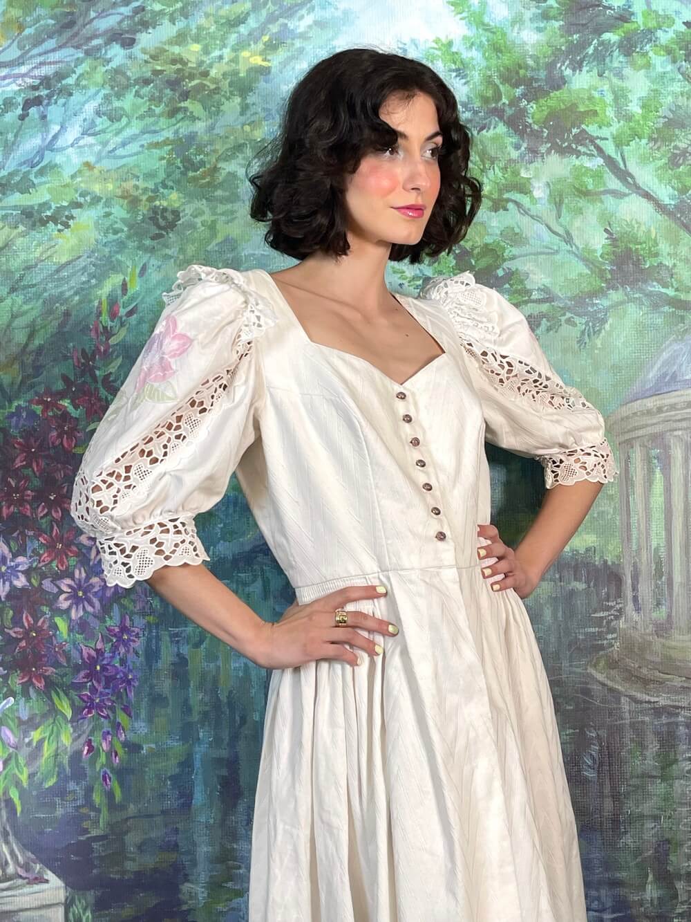 Vintage Romantic Lace Embroidered Flower Sleeve Cottagecore Dress