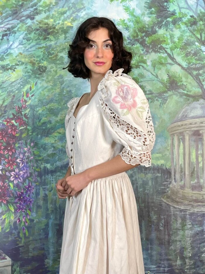 Vintage Romantic Lace Embroidered Flower Sleeve Cottagecore Dress