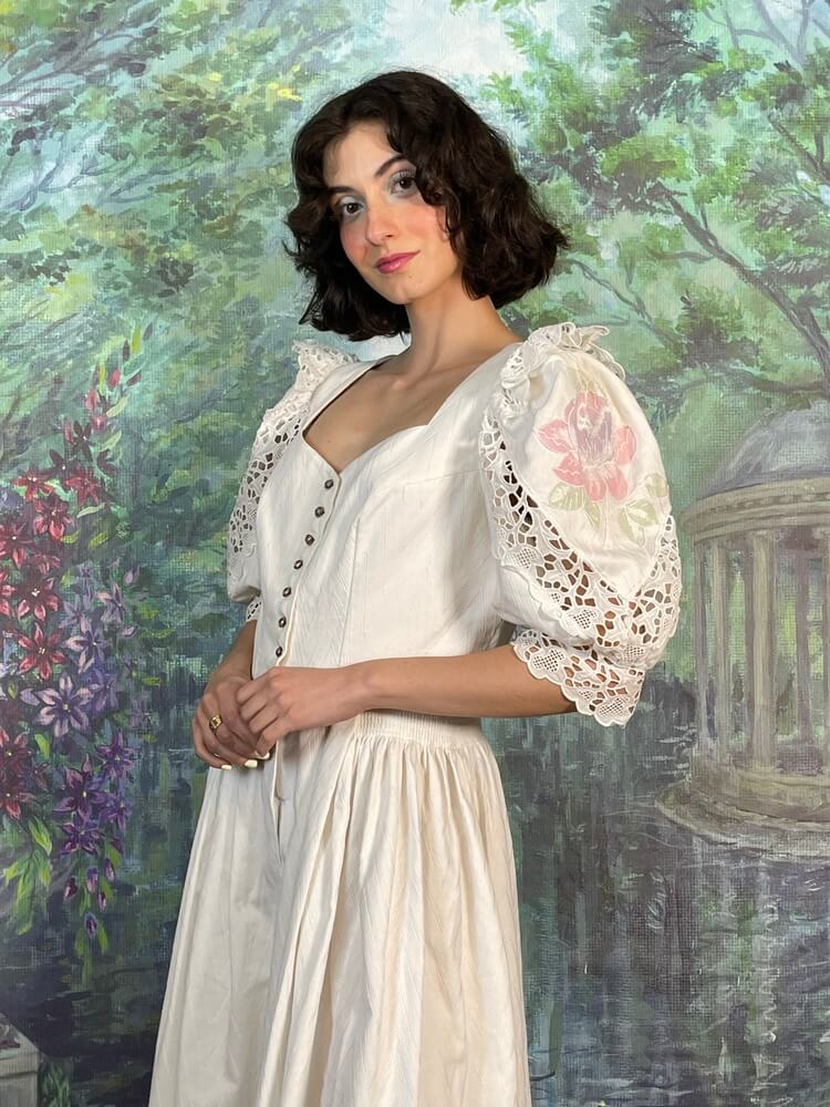 Vintage Romantic Lace Embroidered Flower Sleeve Cottagecore Dress