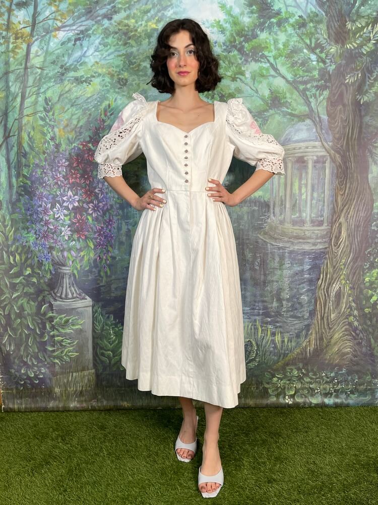 Vintage Romantic Lace Embroidered Flower Sleeve Cottagecore Dress