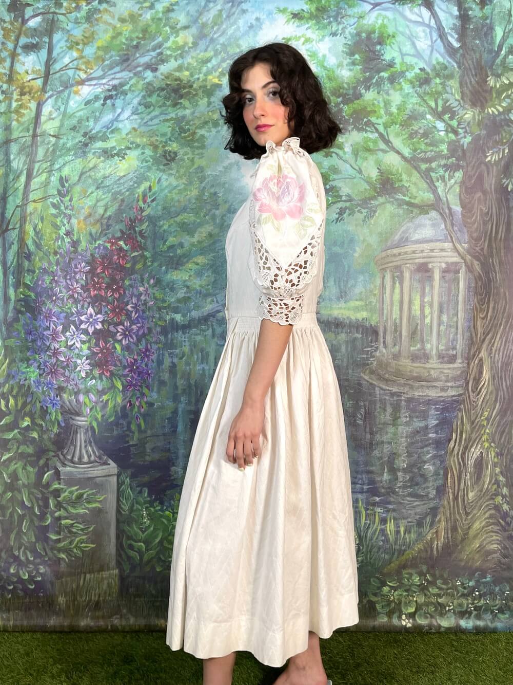 Vintage Romantic Lace Embroidered Flower Sleeve Cottagecore Dress