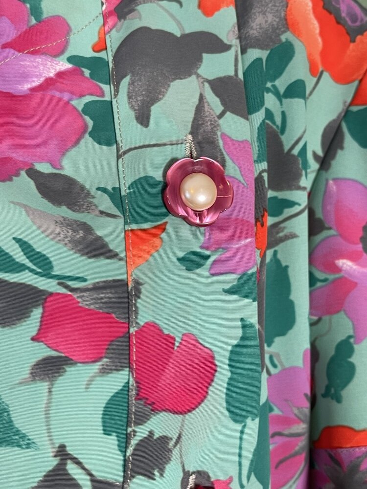 Vintage Floral Shift Dress with Pearl Flower Buttons