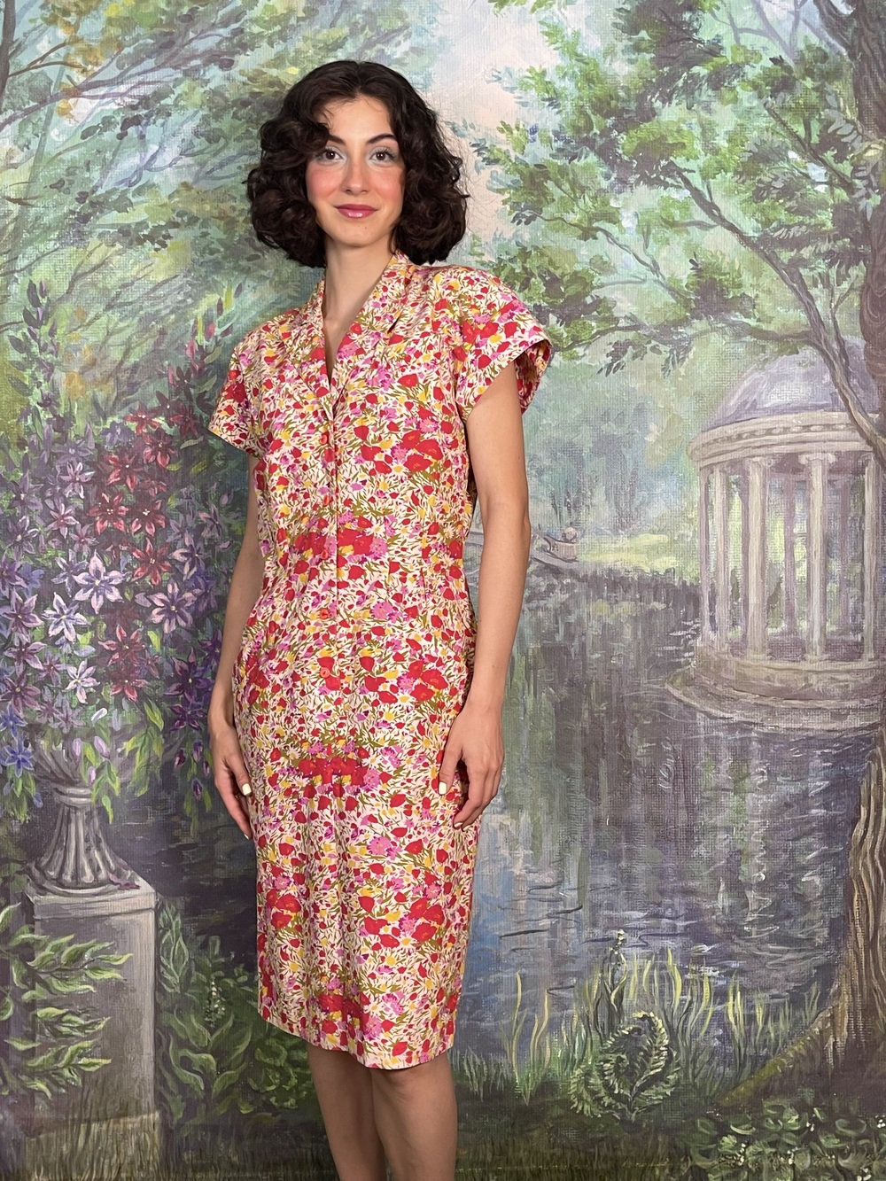 90s Vintage Floral Cotton Shirt Dress with Notched Collar