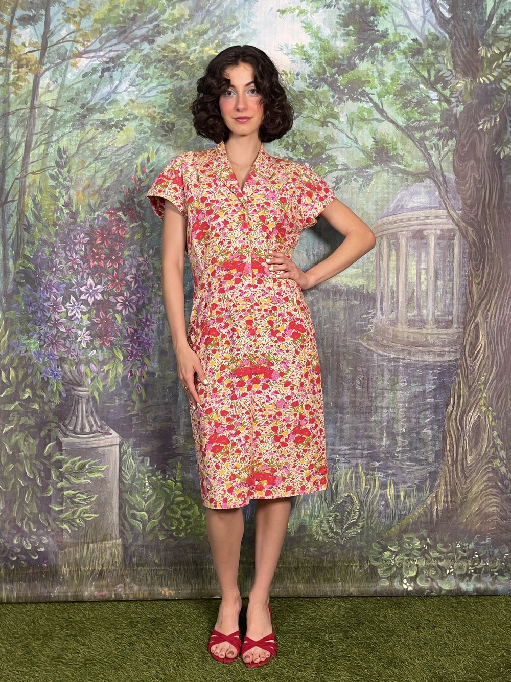 90s Vintage Floral Cotton Shirt Dress with Notched Collar