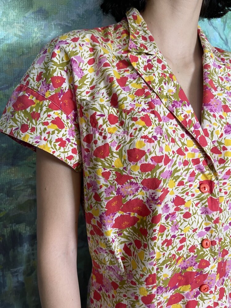 90s Vintage Floral Cotton Shirt Dress with Notched Collar