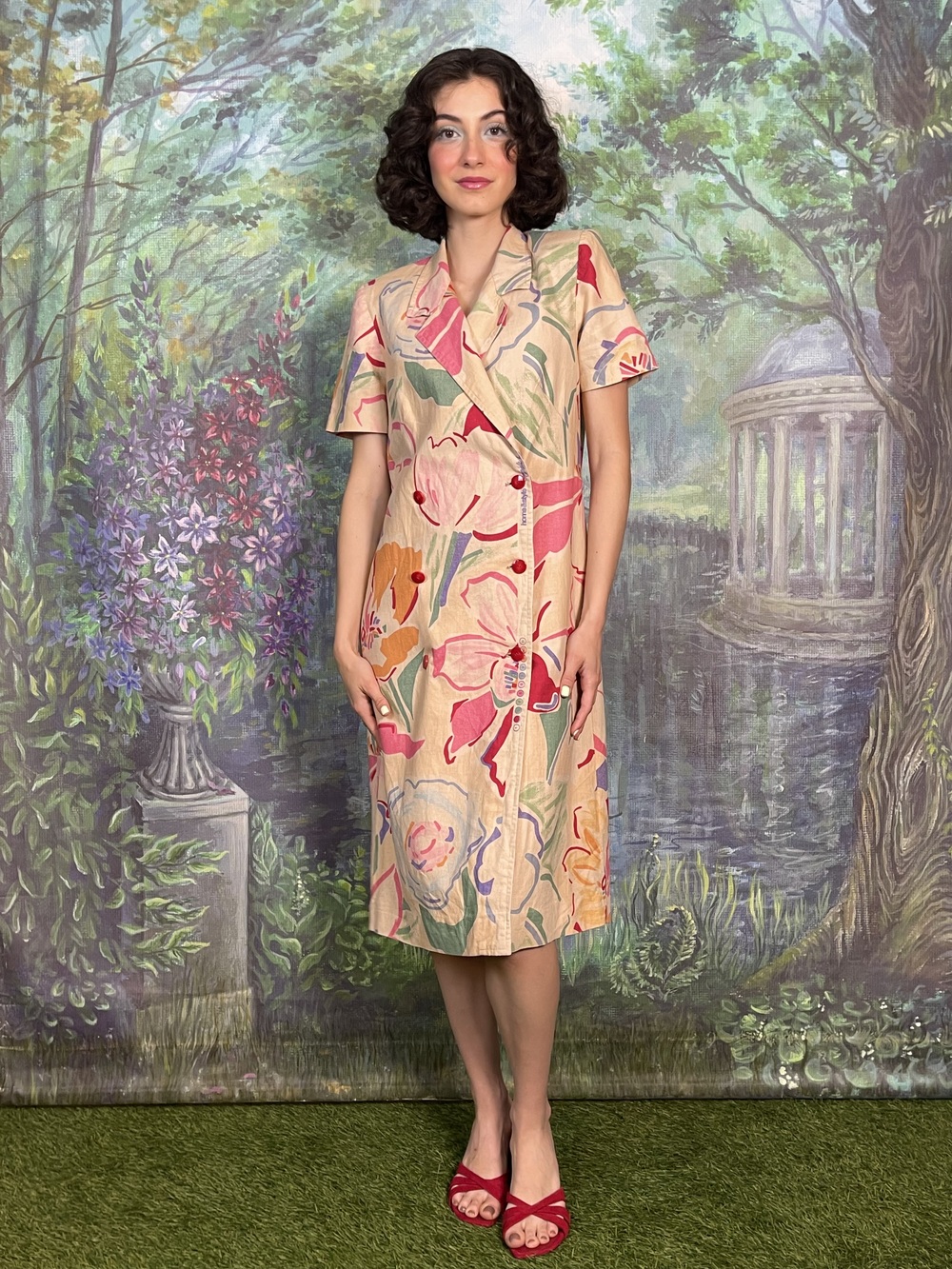 Vintage Floral Double-Breasted Dress