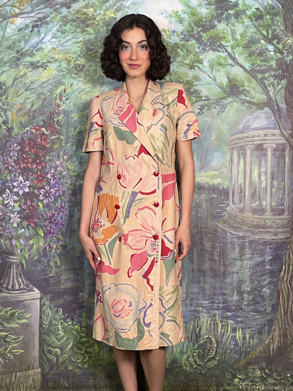 Vintage Floral Double-Breasted Dress