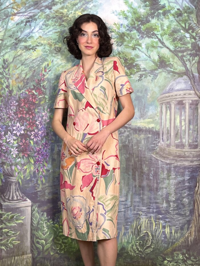 Vintage Floral Double-Breasted Dress