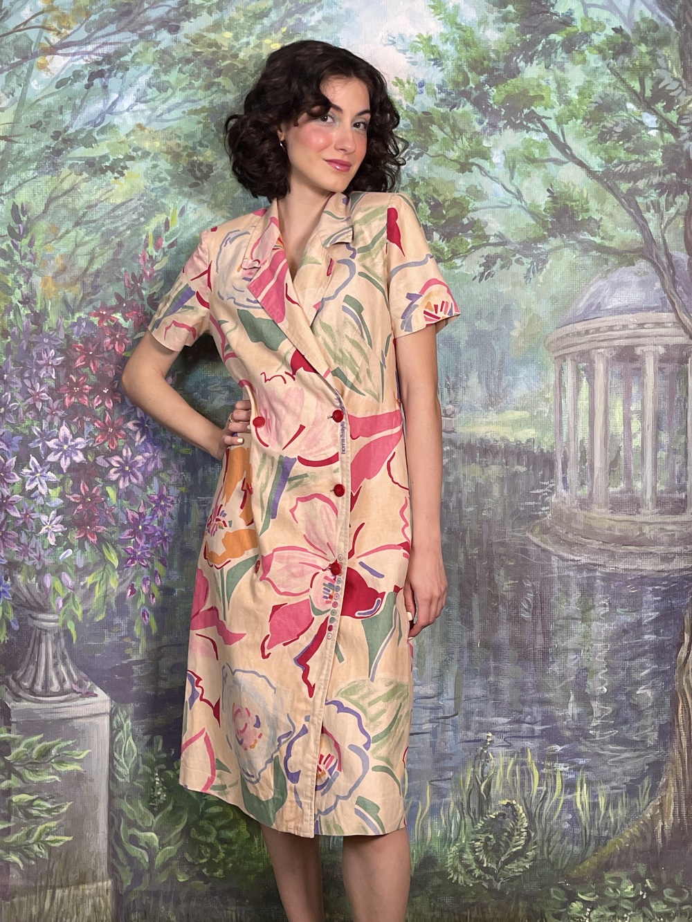 Vintage Floral Double-Breasted Dress