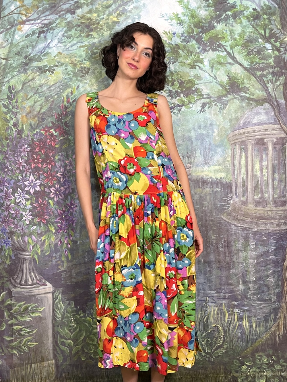 Vintage Fruit Print Cotton Midi Dress with Gathered Skirt