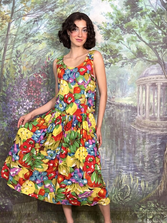 Vintage Fruit Print Cotton Midi Dress with Gathered Skirt