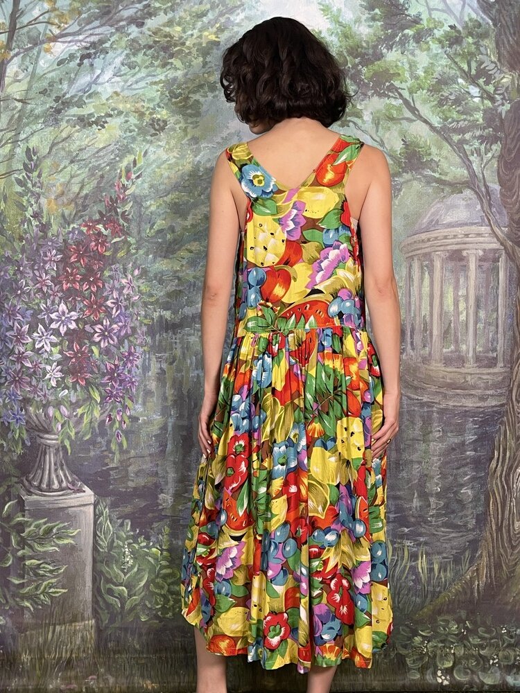 Vintage Fruit Print Cotton Midi Dress with Gathered Skirt