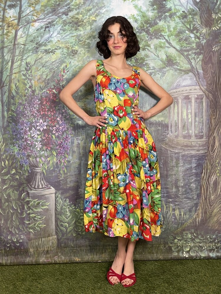 Vintage Fruit Print Cotton Midi Dress with Gathered Skirt