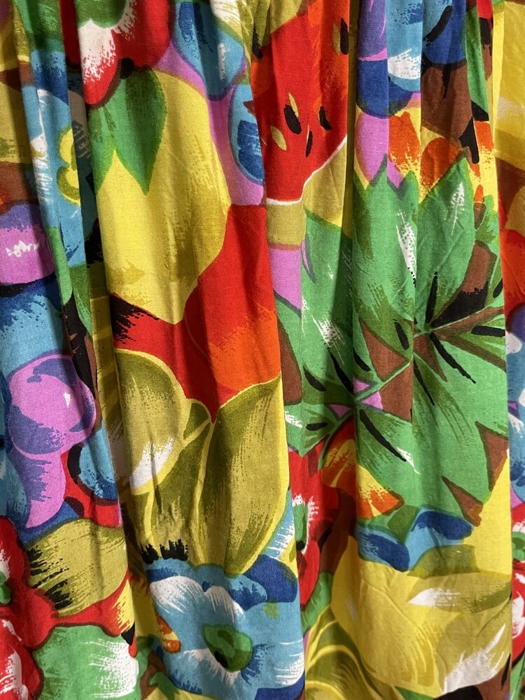 Vintage Fruit Print Cotton Midi Dress with Gathered Skirt