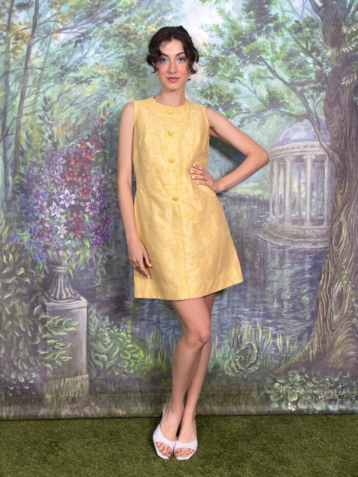 60s Vintage Yellow Tapestry Mini Shift Dress