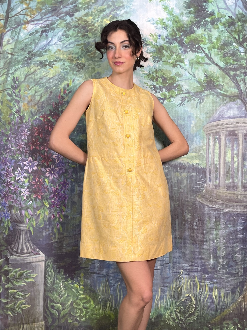 60s Vintage Yellow Tapestry Mini Shift Dress