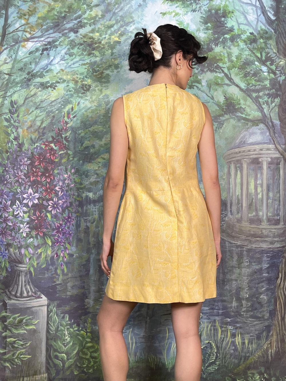 60s Vintage Yellow Tapestry Mini Shift Dress
