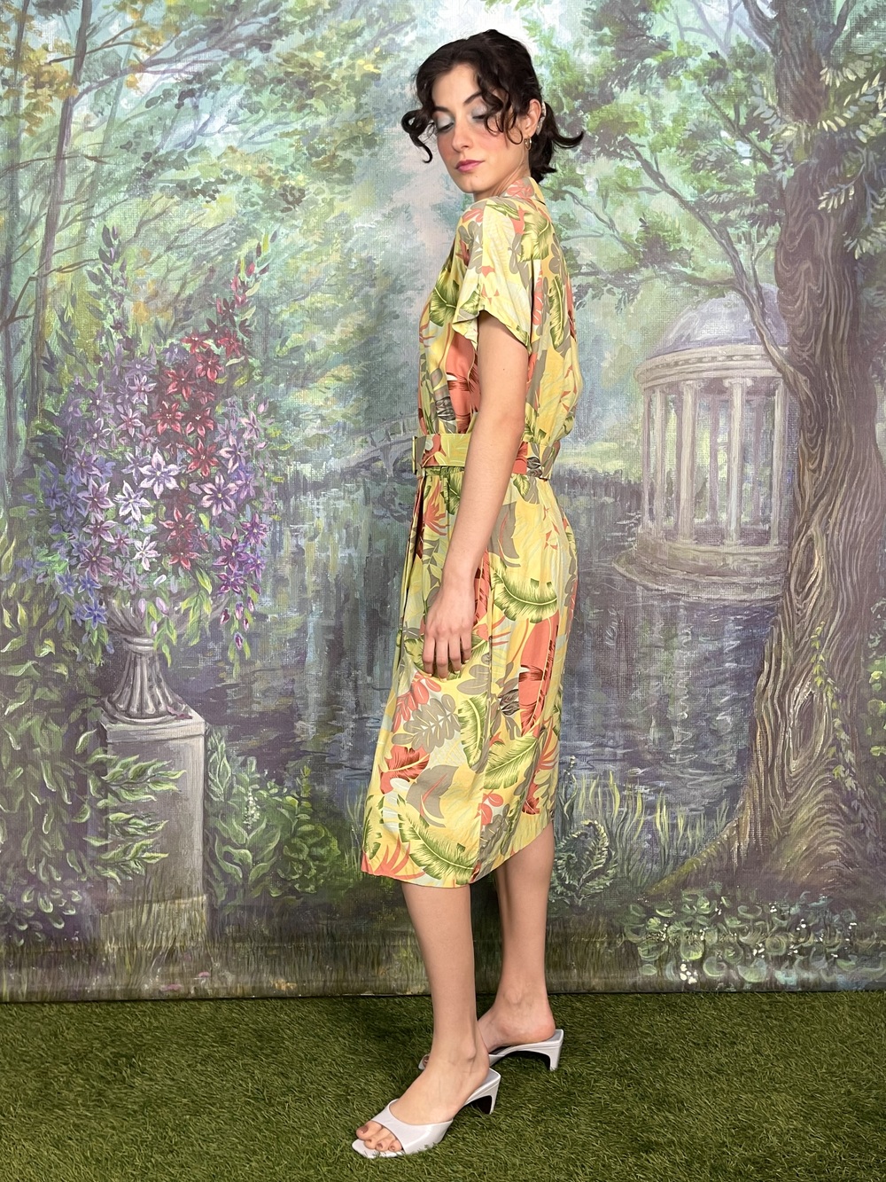 Vintage Tropical Leaf Print Dress with Belt