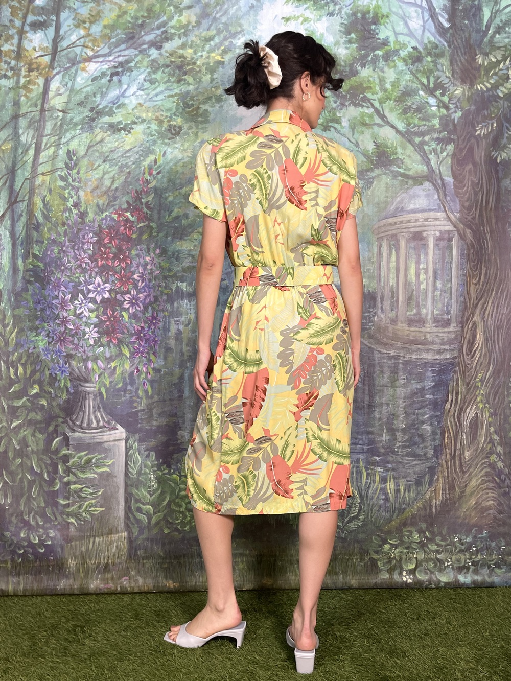 Vintage Tropical Leaf Print Dress with Belt