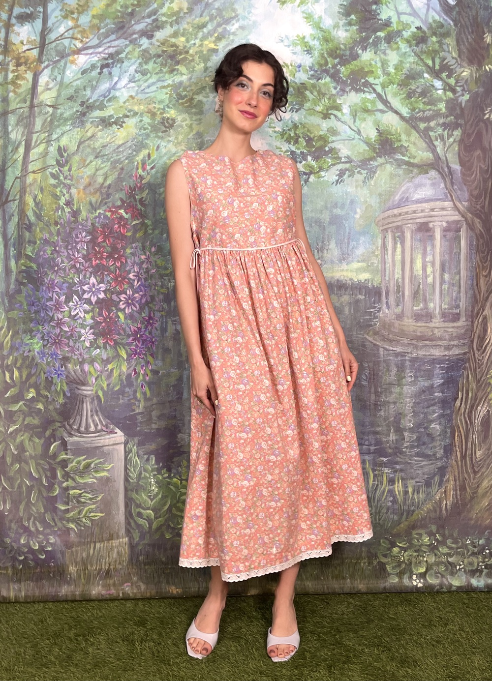 Vintage Rose Print Prairie Dress with Lace Hem