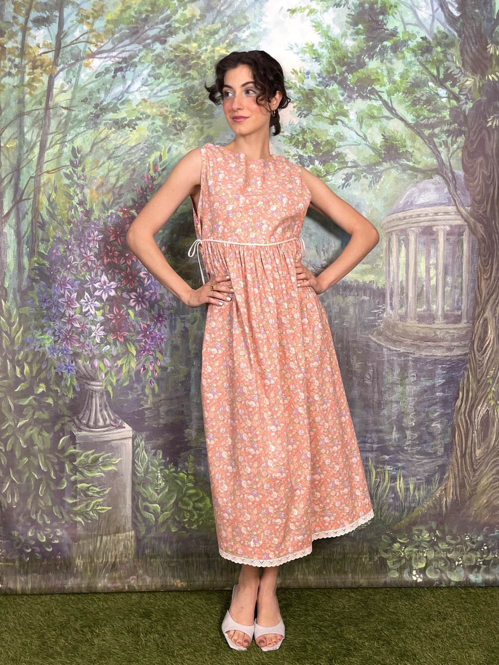 Vintage Rose Print Prairie Dress with Lace Hem
