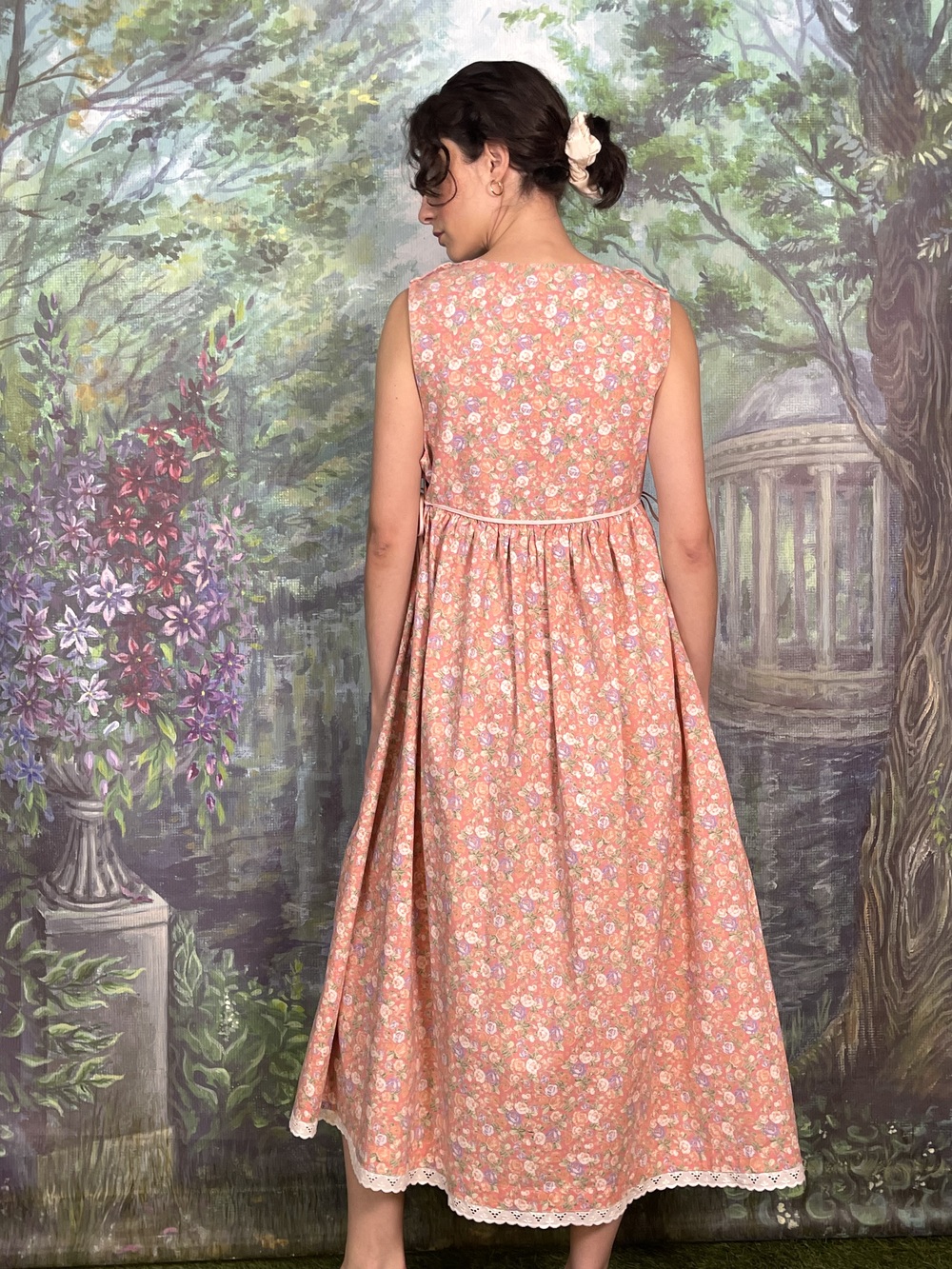 Vintage Rose Print Prairie Dress with Lace Hem