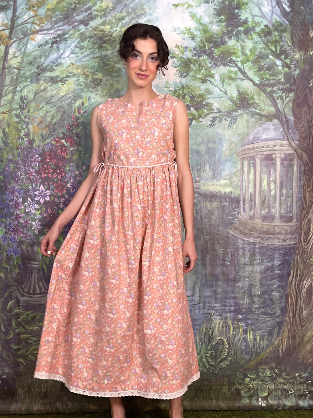 Vintage Rose Print Prairie Dress with Lace Hem