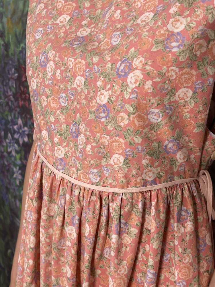 Vintage Rose Print Prairie Dress with Lace Hem