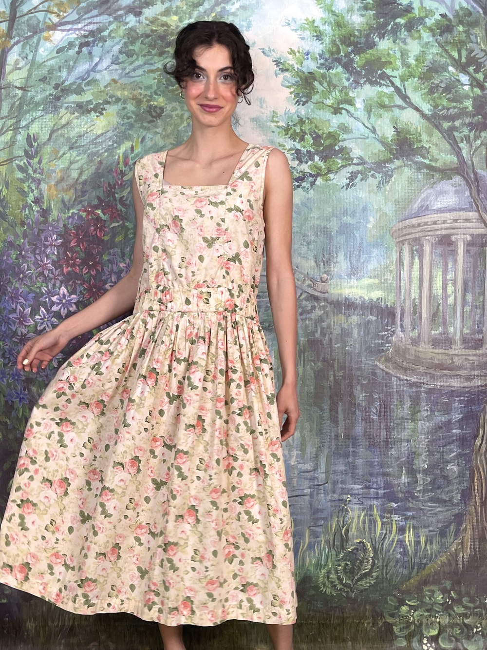 80s Vintage Romantic Rose Garden Dress with Open Back