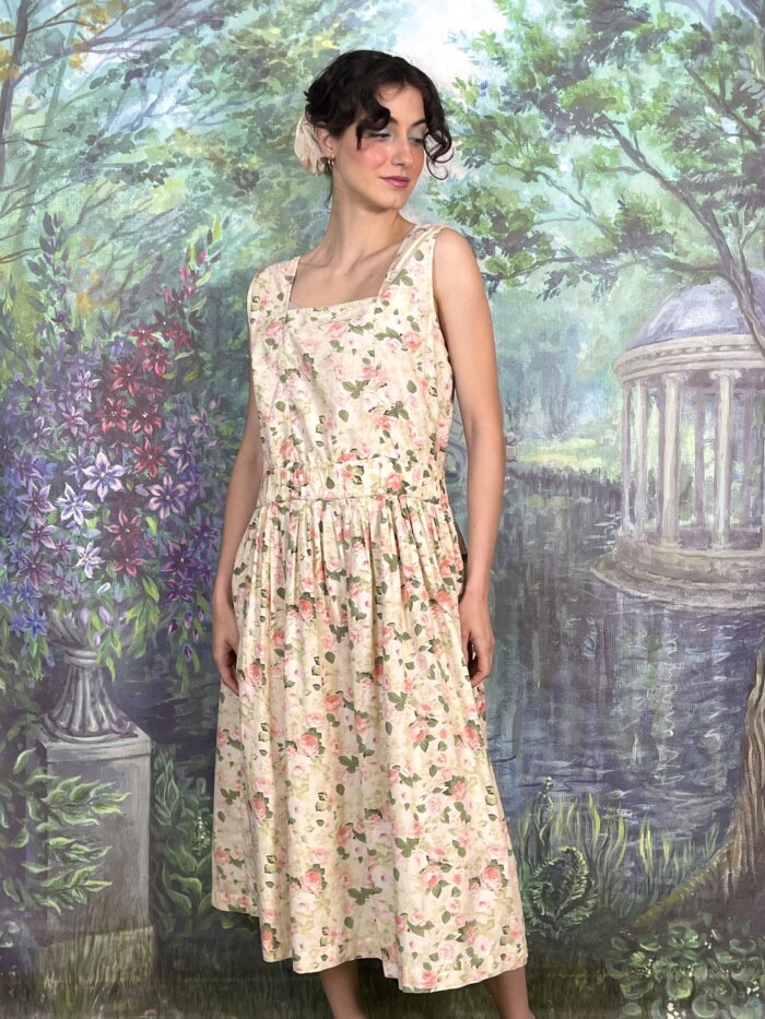 80s Vintage Romantic Rose Garden Dress with Open Back