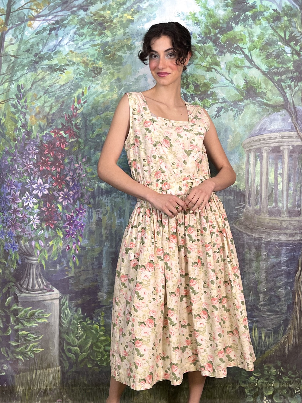 80s Vintage Romantic Rose Garden Dress with Open Back