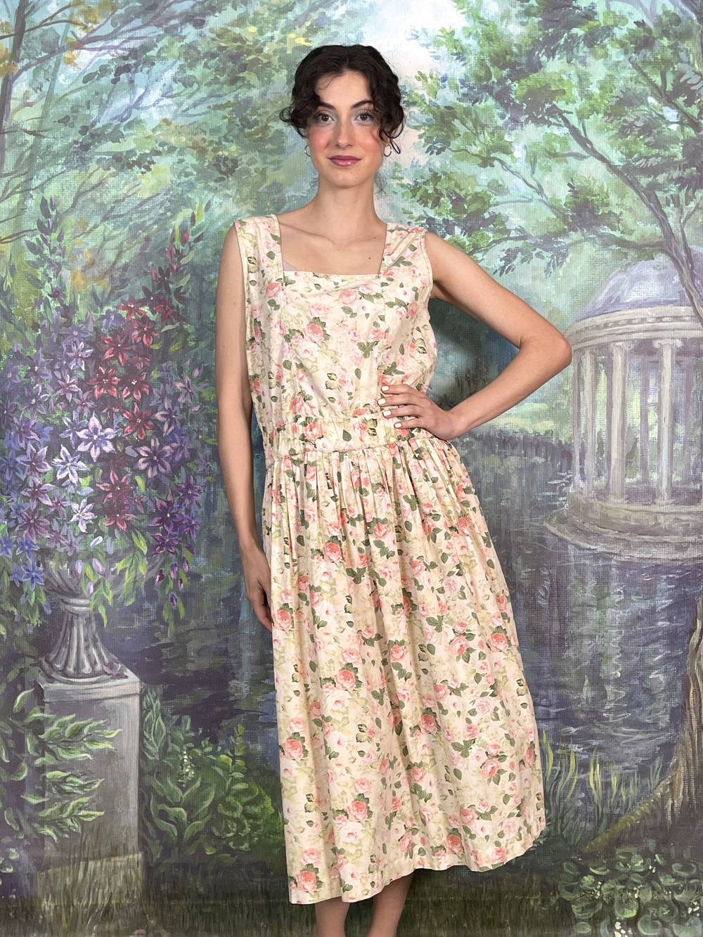 80s Vintage Romantic Rose Garden Dress with Open Back