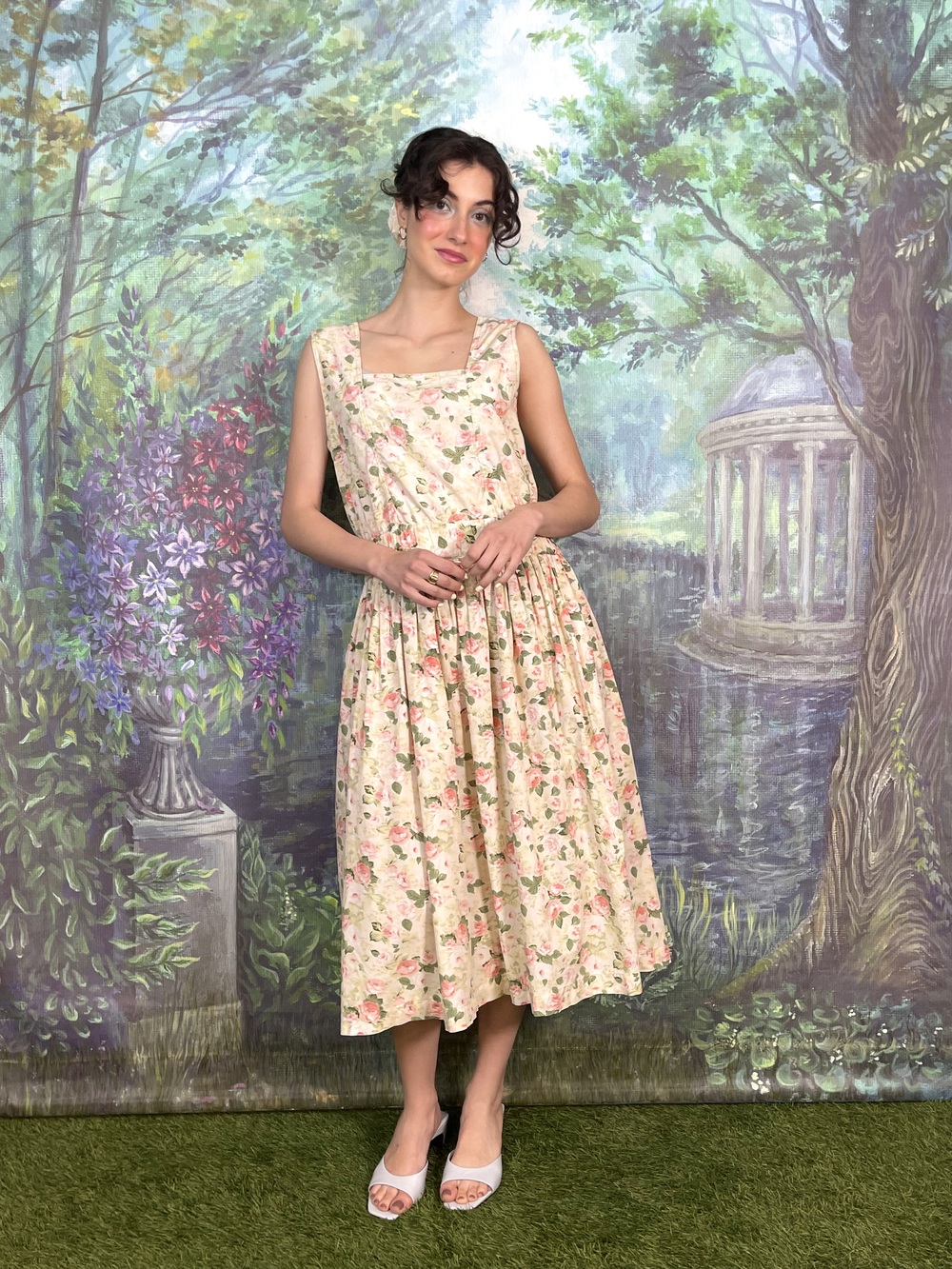 80s Vintage Romantic Rose Garden Dress with Open Back