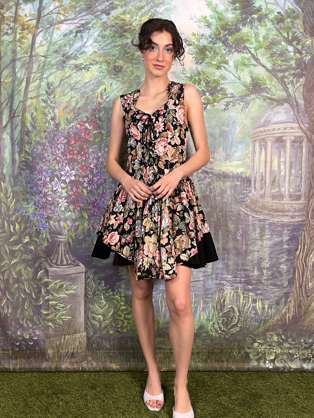 Vintage Black Floral Lace-Up Mini Dress
