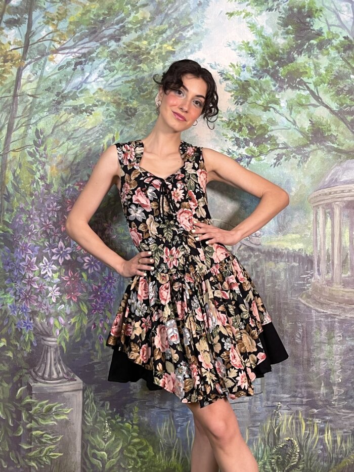Vintage Black Floral Lace-Up Mini Dress