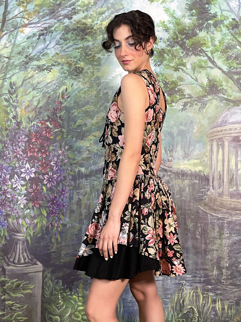 Vintage Black Floral Lace-Up Mini Dress