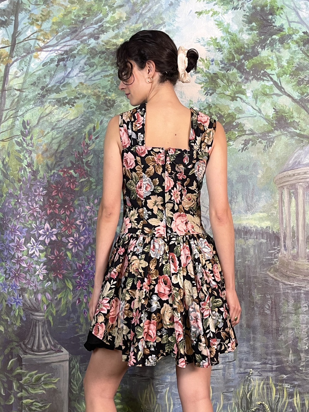 Vintage Black Floral Lace-Up Mini Dress