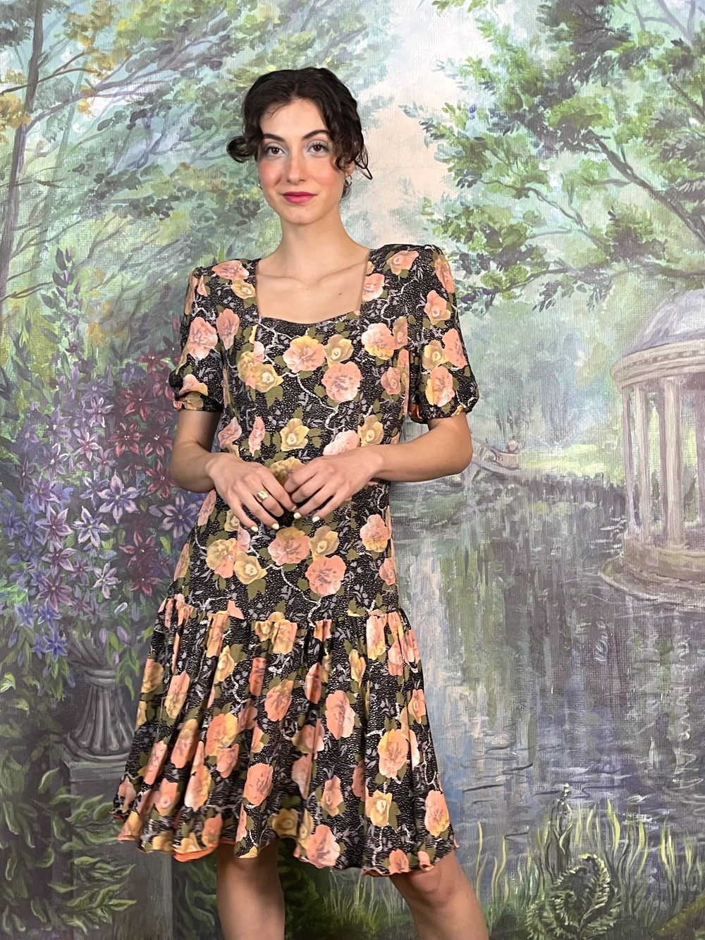Vintage Black Floral Mini Dress with Puff Sleeves