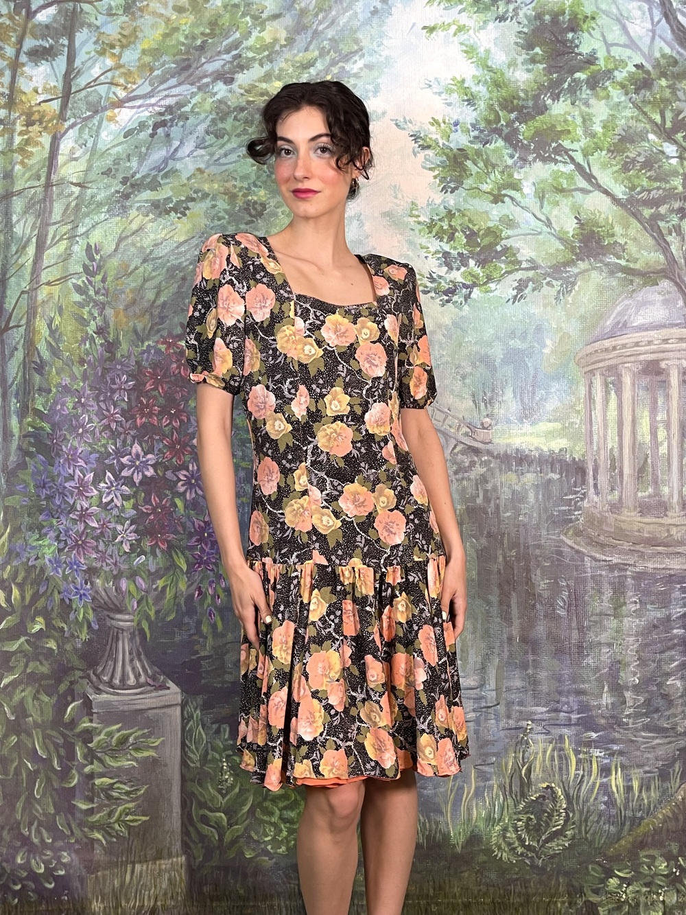 Vintage Black Floral Mini Dress with Puff Sleeves